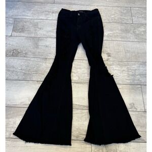GJG Black Denim Flare Thrashed Jeans Size 7 Stretch Raw Hem Grunge Cowgirl